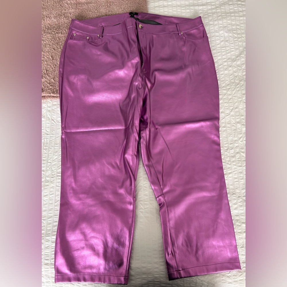 PINK FAUX METALLIC LEATHER STRAIGHT LEG PANTS